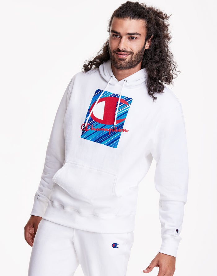 Champion Powerblend Fleece Inset Rectangle Logo  Erkek Kapşonlu Sweatshirt Beyaz ( FVGULH243 )